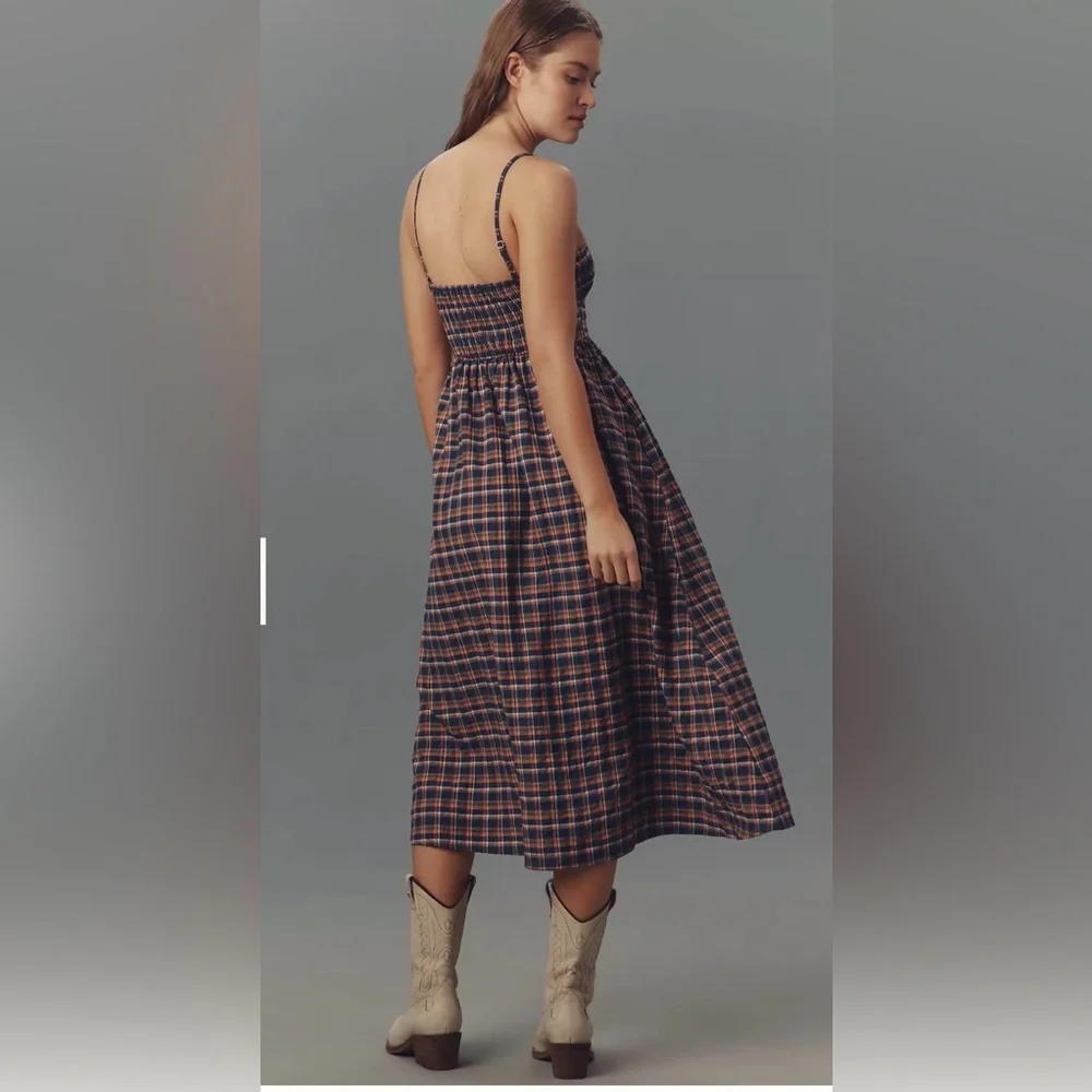 Anthropologie Pilcro Plaid Smocked Midi Dress NWT Navy Orange Cottagecore - Picture 2 of 7